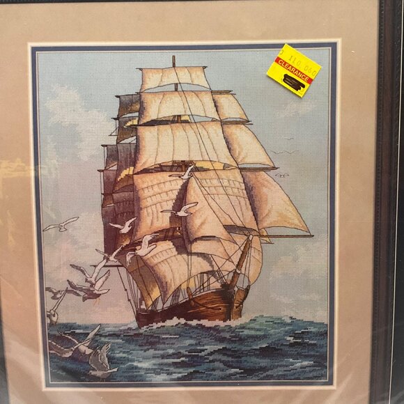 VTG 90'Dimensions Counted Cross Stitch Kit Clipper Ship Voyage 16"x18" Nautical - Picture 2 of 8